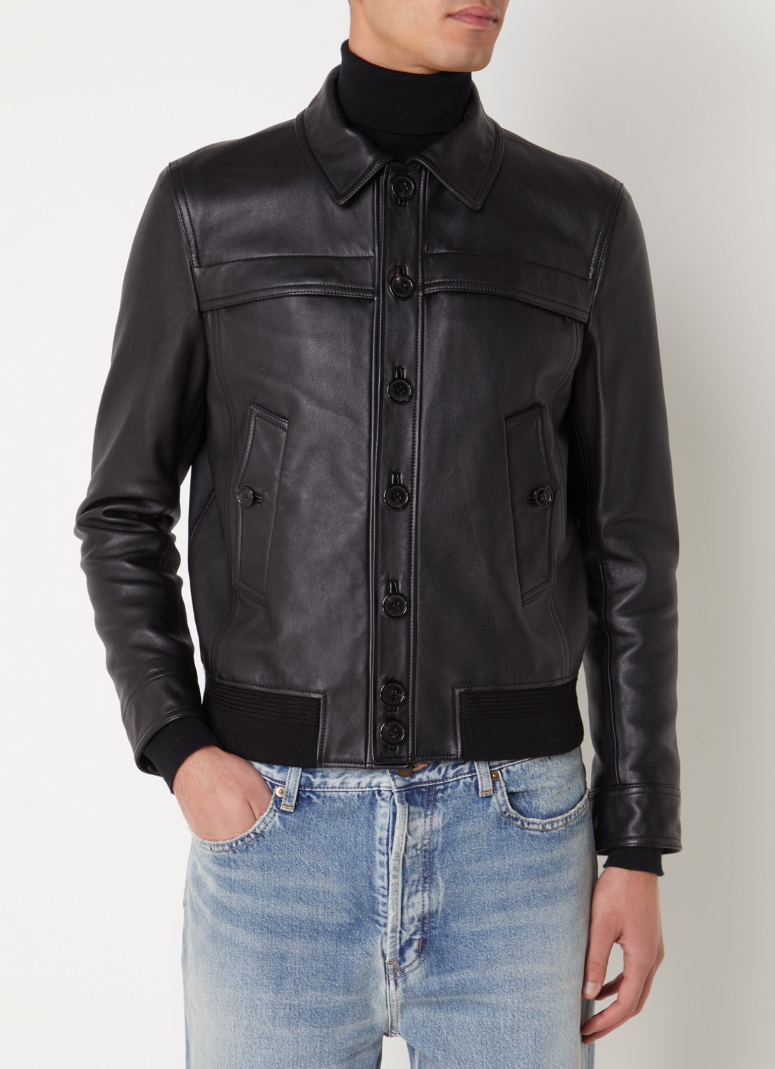 Saint Laurent Bomberjack van lamsleer met paspelzakken - detail 2 zwart