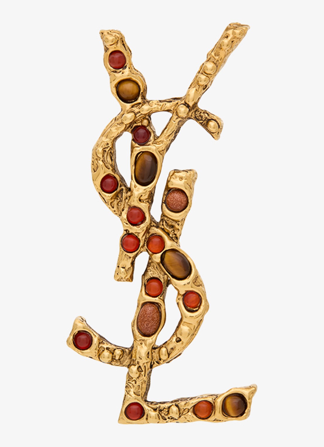 Saint Laurent Cassandre broche met tijgeroog en zonnesteen - voorkant goud