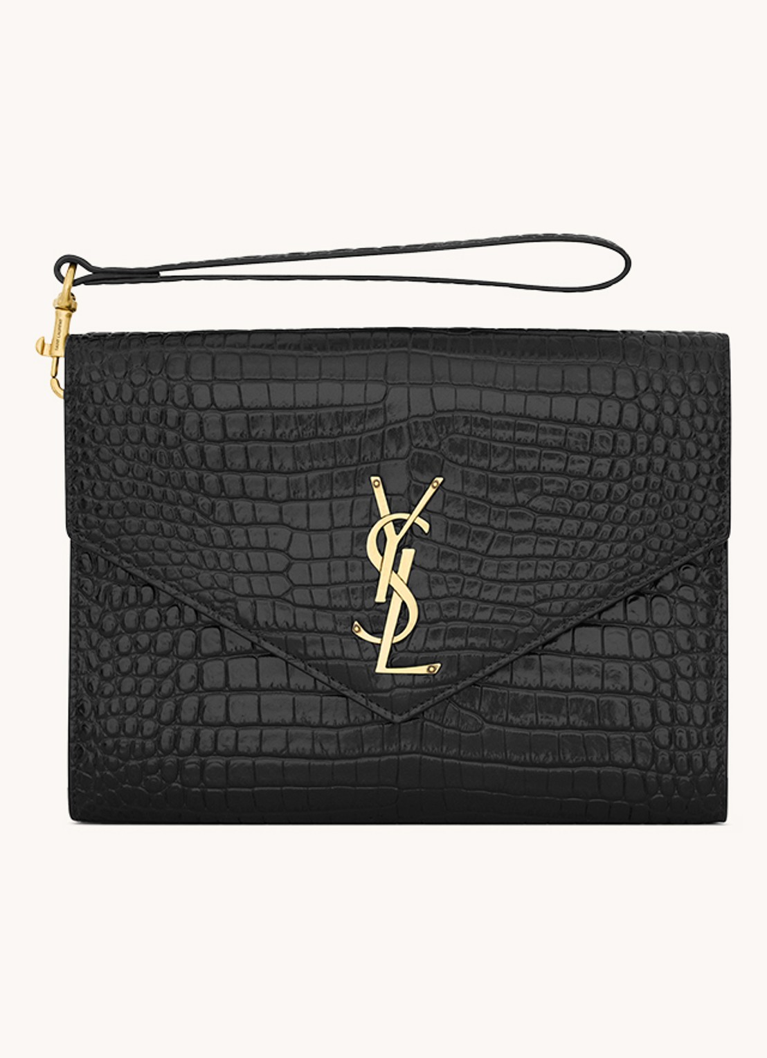 Saint Laurent Cassandre clutch van kalfsleer met crocostructuur - voorkant zwart