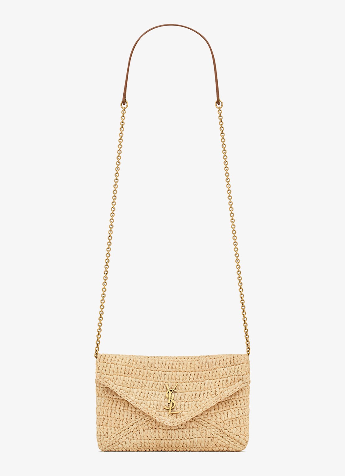 Saint Laurent Cassandre crossbodytas van raffia met leer - voorkant beige