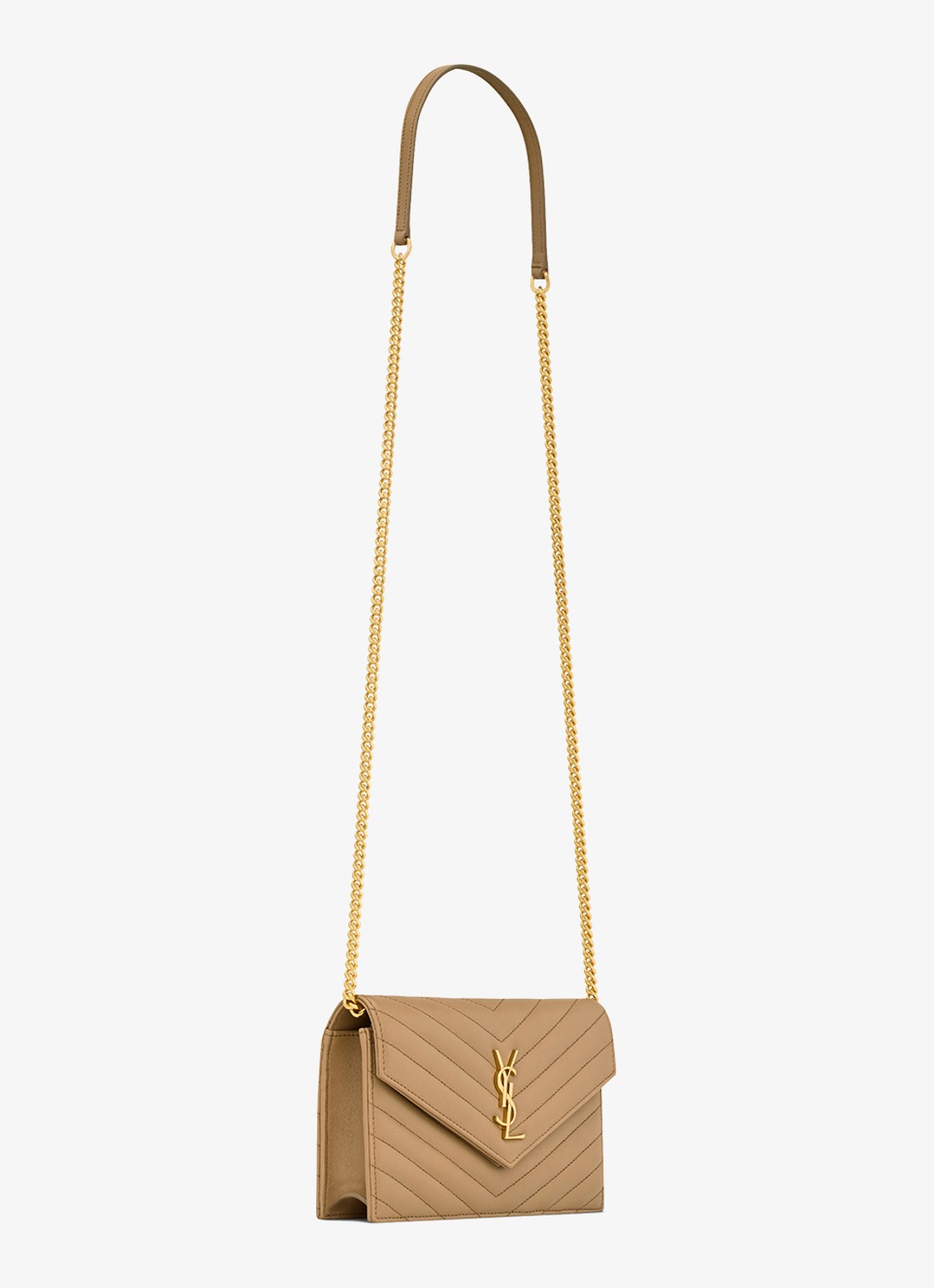 Saint Laurent Cassandre Envelope clutch van lamsleer met afneembare schouderriem - detail beige