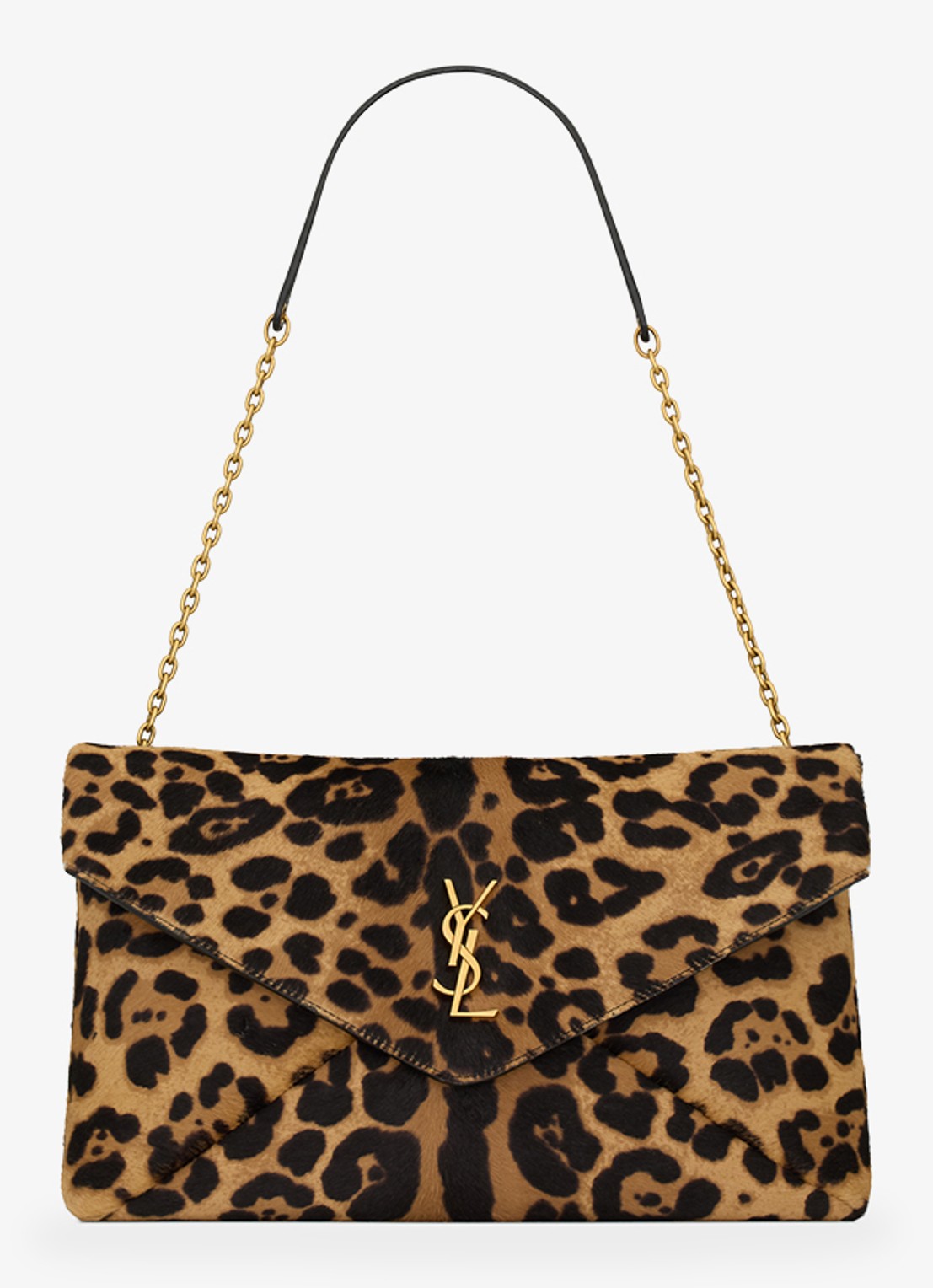 Saint Laurent Cassandre Envelope Large schoudertas van kalfsleer met ponyhair - voorkant bruin