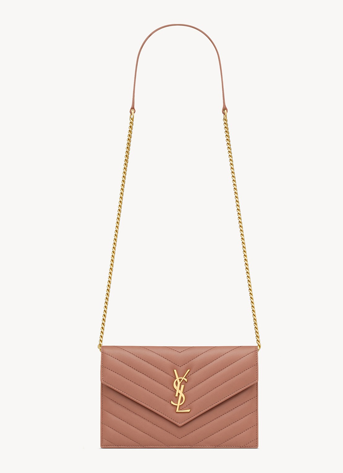 Saint Laurent Cassandre Envelope portemonnee van lamsleer met afneembare schouderriem - voorkant oudroze