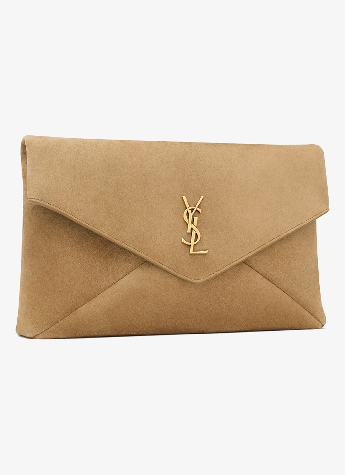 Saint Laurent Cassandre Large clutch van kalfssuède - detail lichtbruin