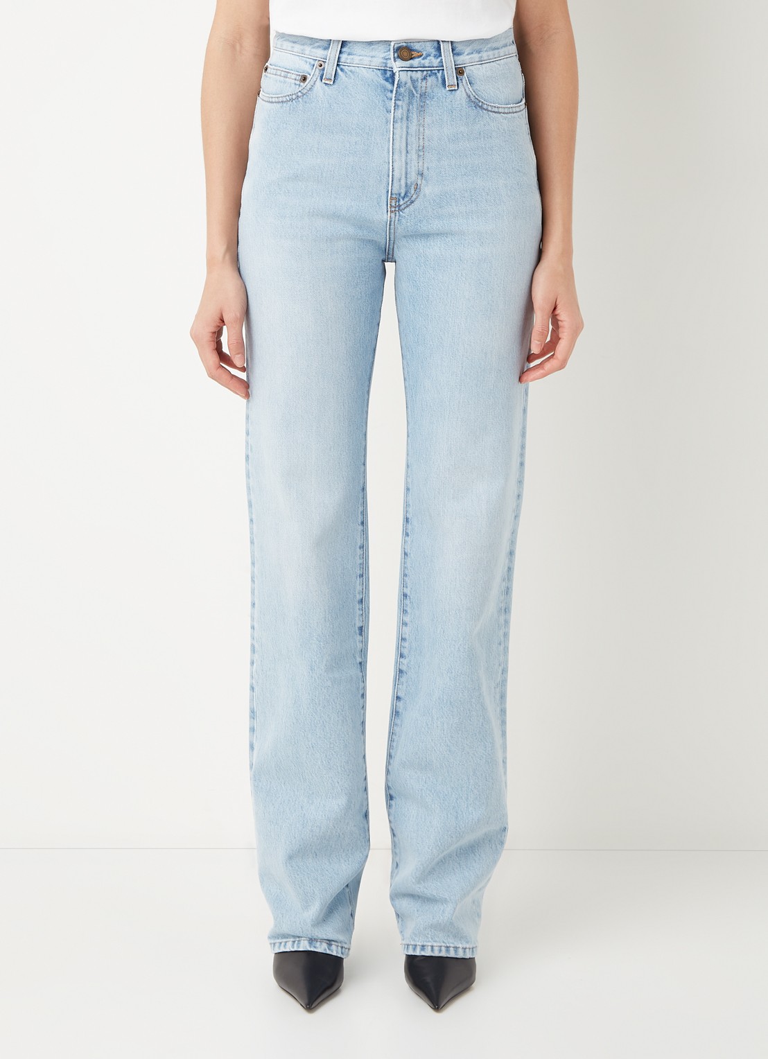 Saint Laurent Janice high waist straight leg jeans met lichte wassing - detail indigo