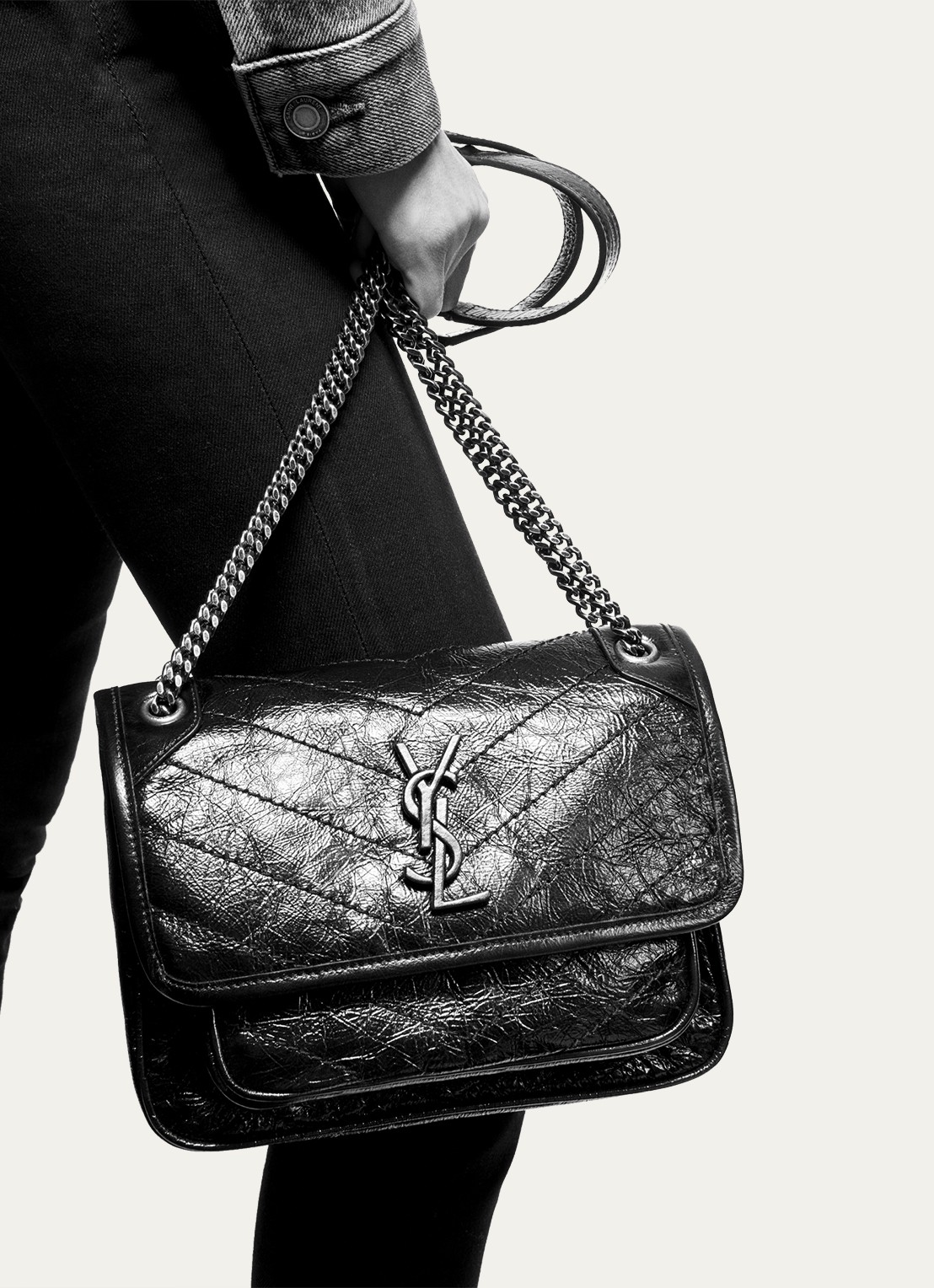 Saint Laurent Niki Baby schoudertas van kalfsleer - detail gebroken wit