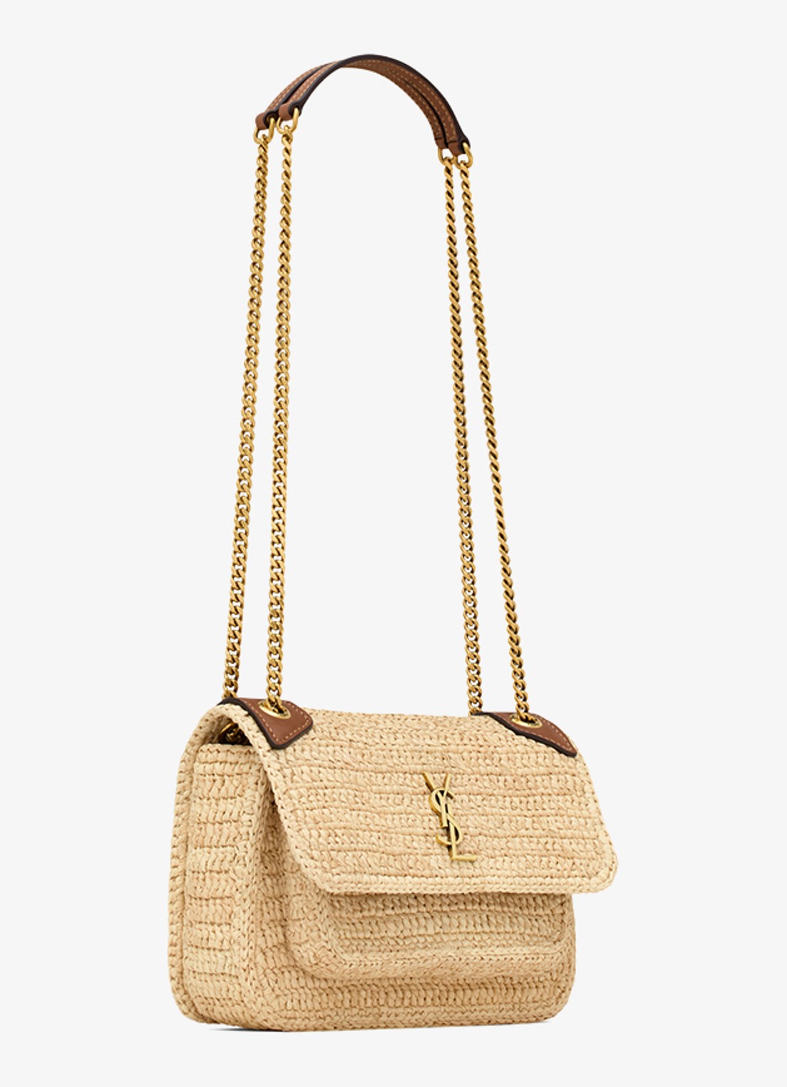 Saint Laurent Niki Mini schoudertas van raffia met leren details - detail beige