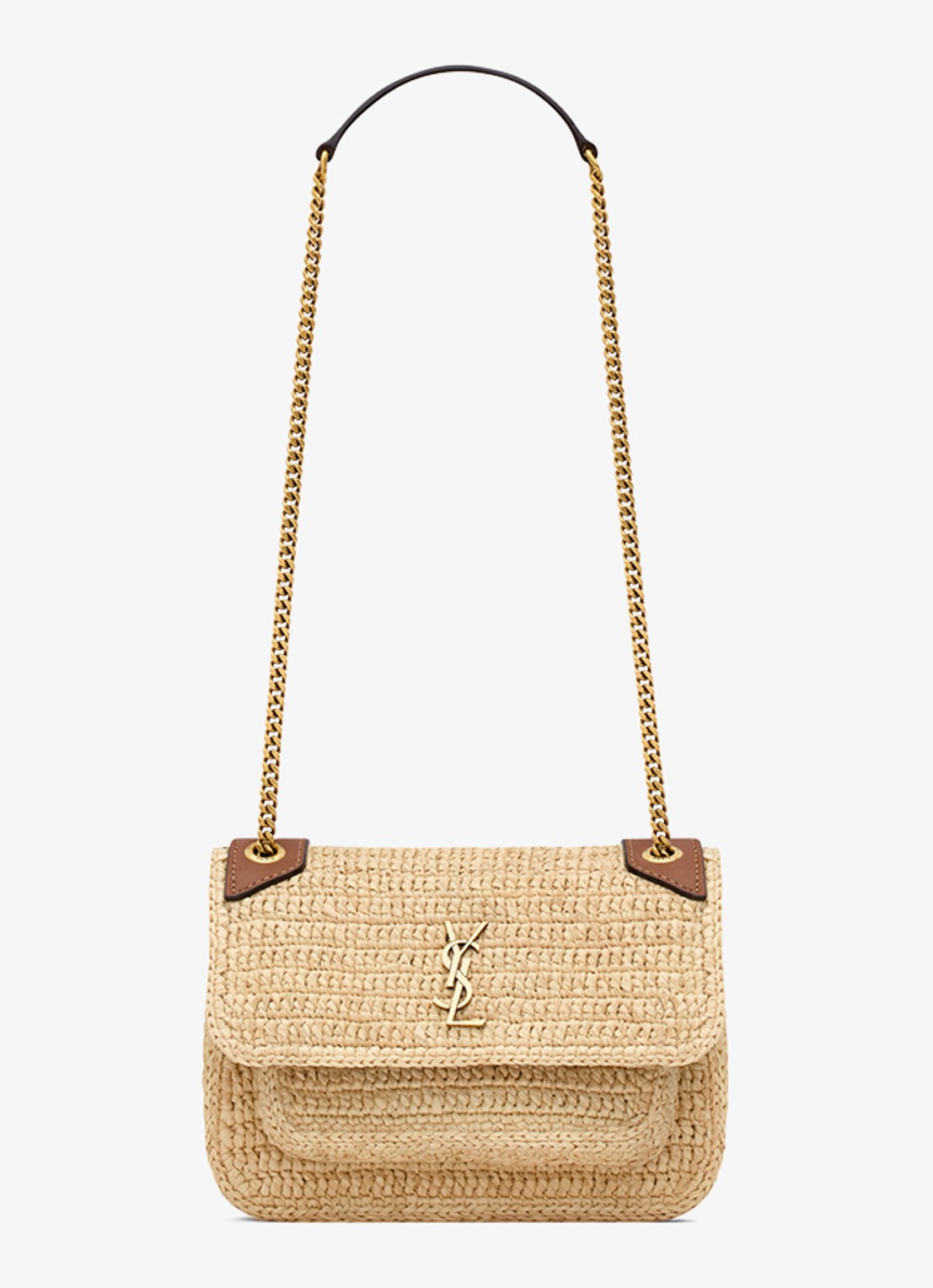 Saint Laurent Niki Mini schoudertas van raffia met leren details - voorkant 4 beige