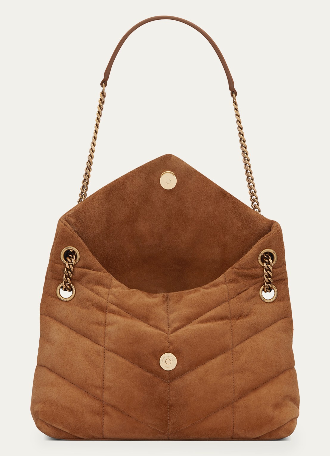 Saint Laurent Puffer Small schoudertas van quilted kalfssuède - detail 5 cognac