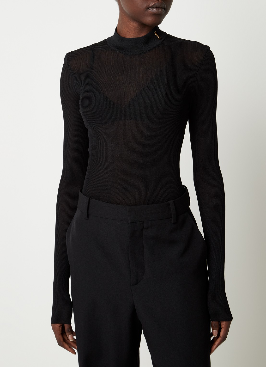 Saint Laurent Semi-transparante top van zijde met ribstructuur - detail 3 zwart