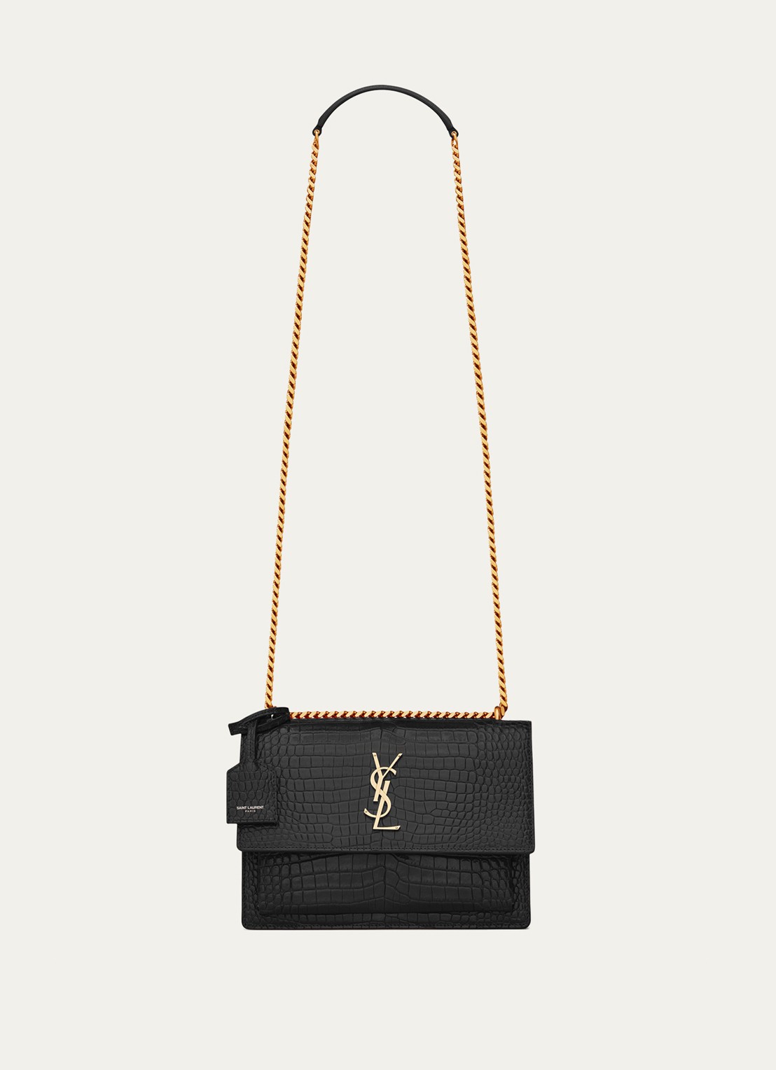 Saint Laurent Sunset Medium shoudertas van kalfsleer met crocostructuur - voorkant zwart