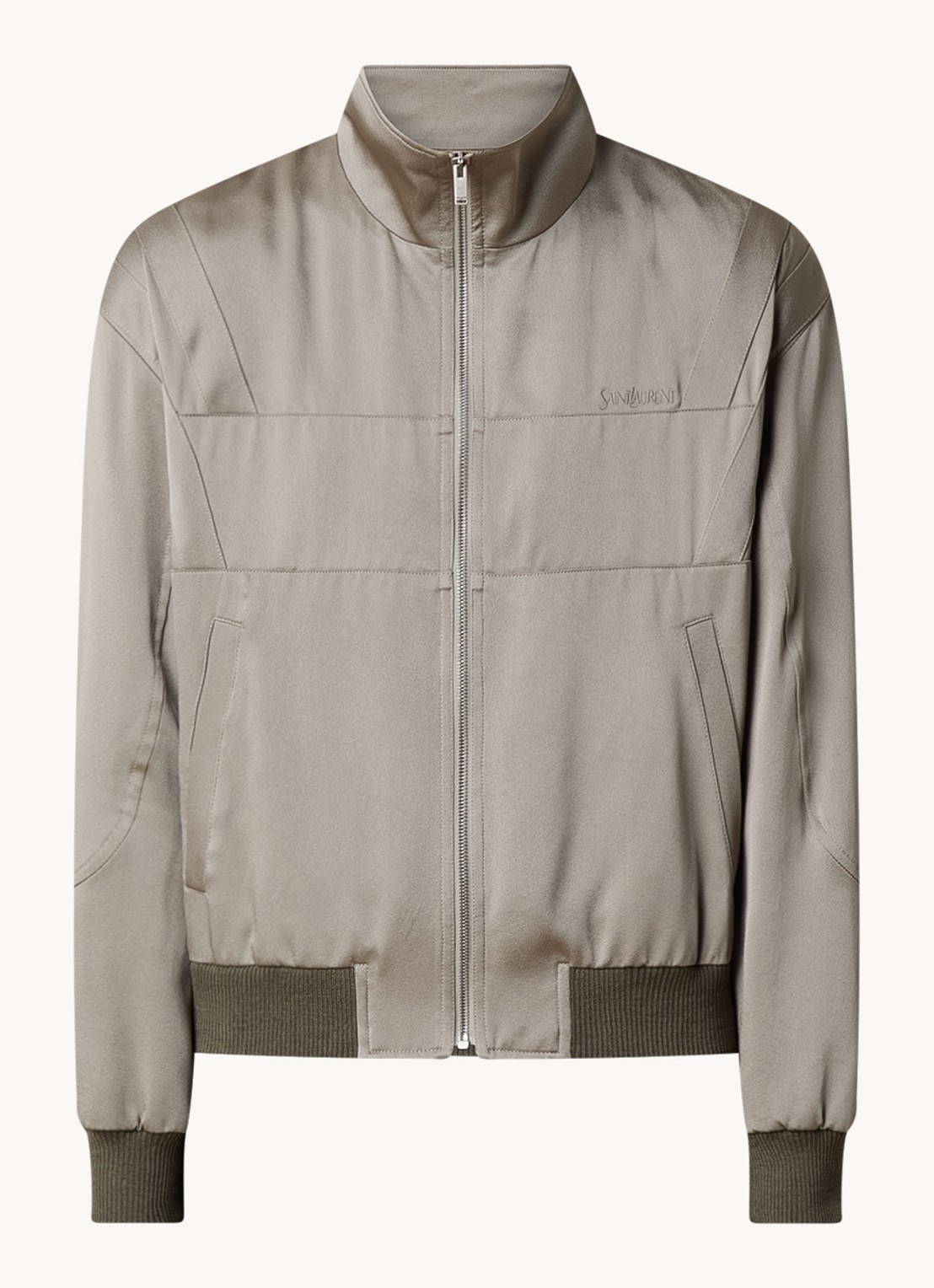 Saint Laurent Teddy bomberjack van satijn met steekzakken - voorkant khaki