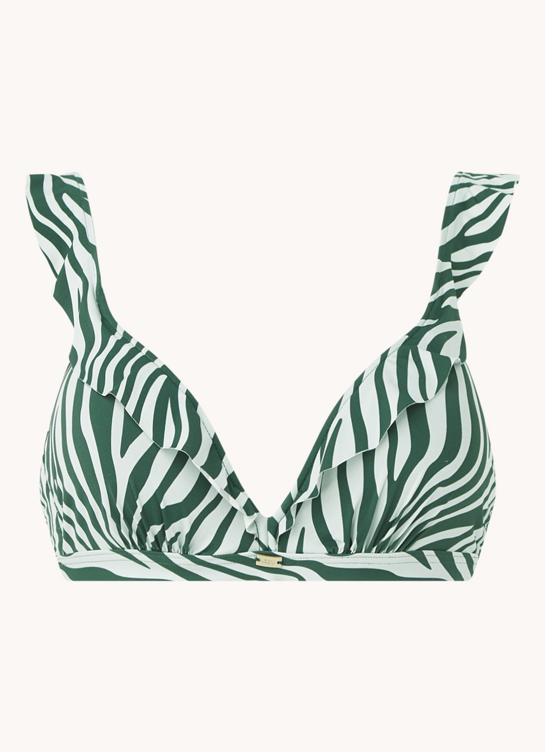 Sam Friday Cape voorgevormde bikinitop met zebraprint en volant - voorkant 2 bronsgroen