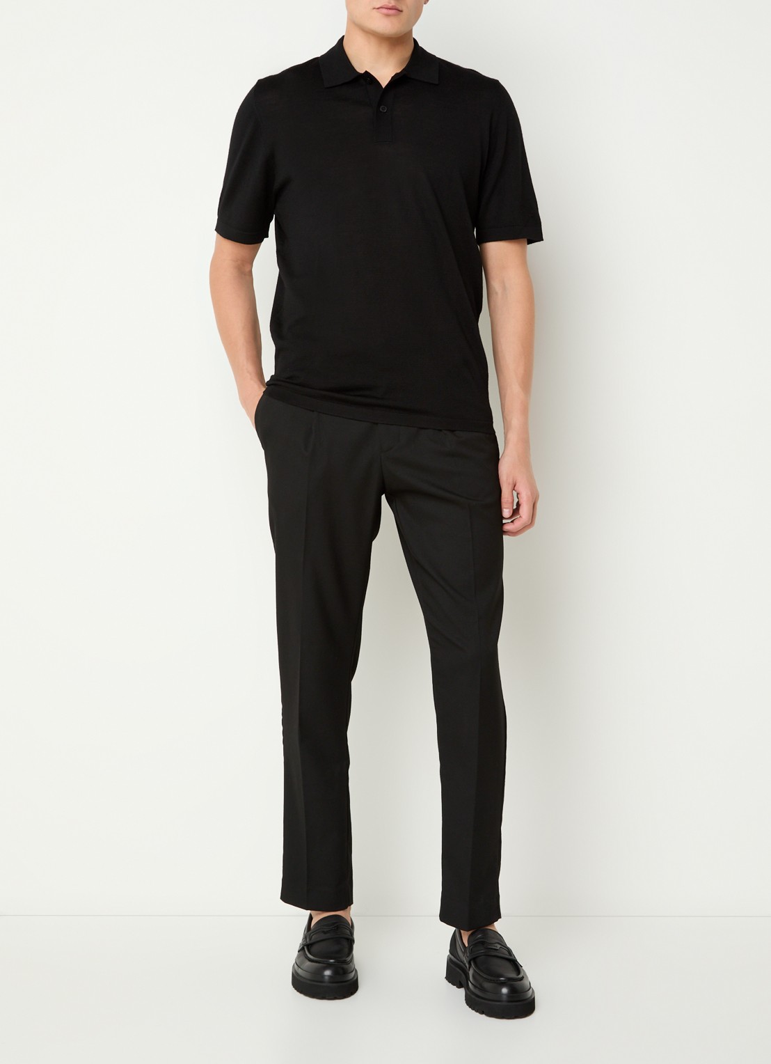 SAMSØE SAMSØE Rowan fijngebreide regular fit polo in merino wolblend - voorkant 3 zwart
