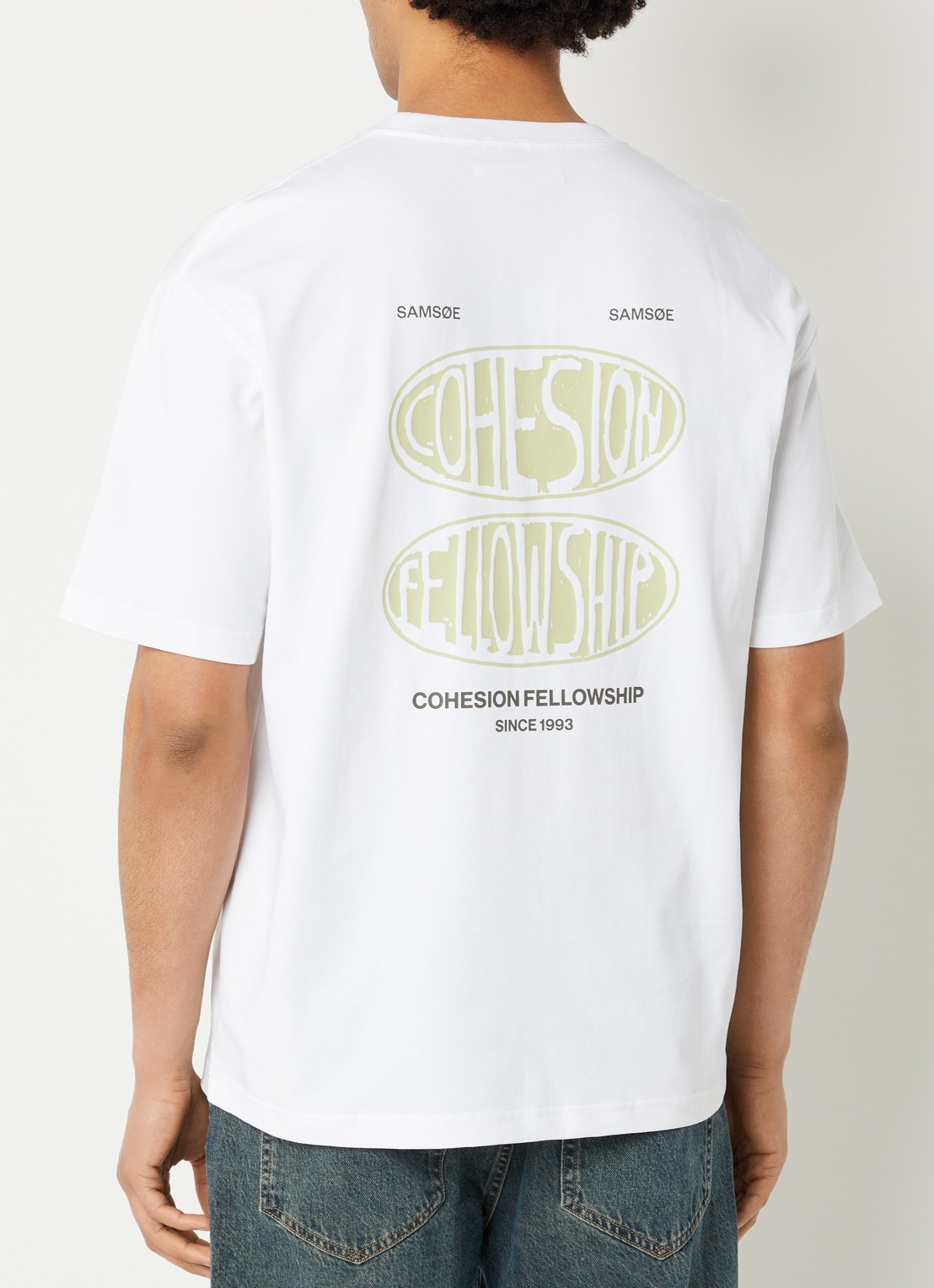 SAMSØE SAMSØE Sacohen T-shirt met logo- en backprint - detail groen