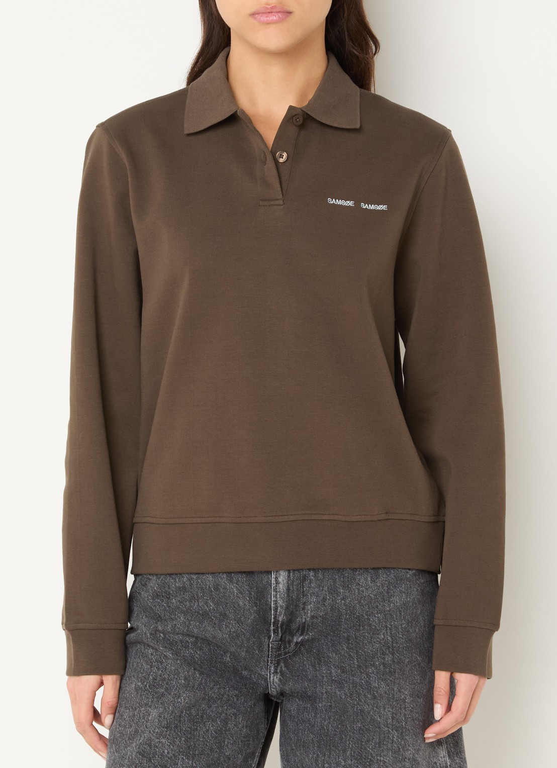 SAMSØE SAMSØE Sadory sweater met polokraag  - detail 3 donkerbruin