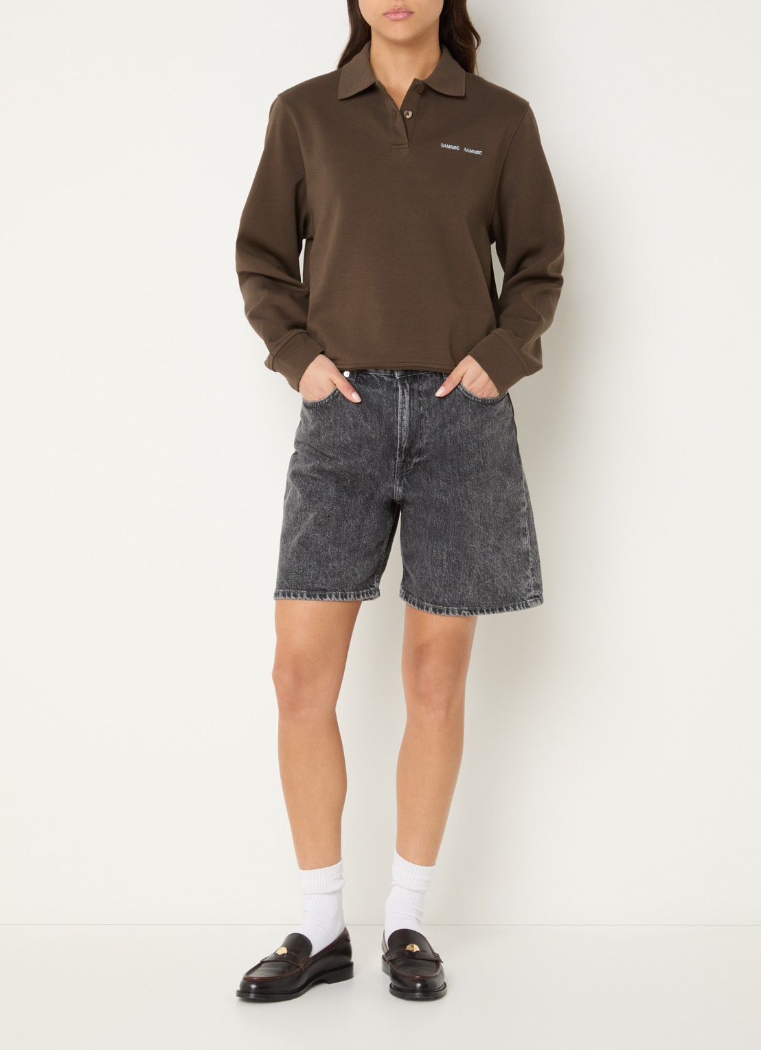 SAMSØE SAMSØE Sadory sweater met polokraag  - voorkant 2 donkerbruin