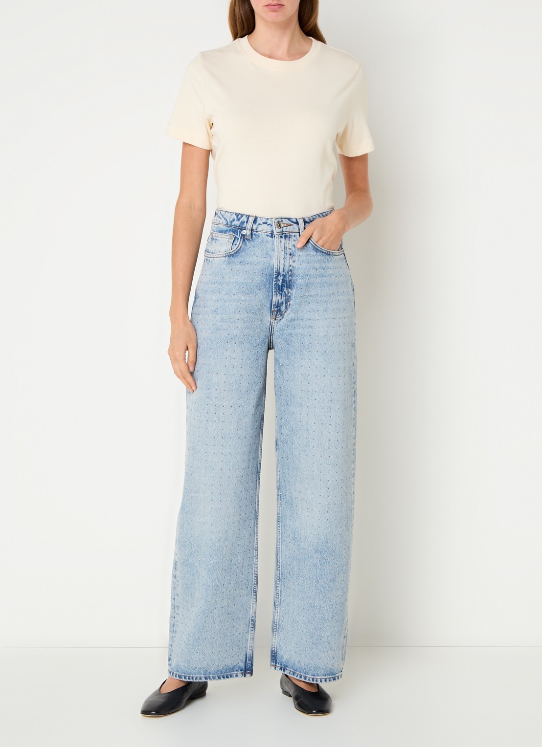 SAMSØE SAMSØE Sashelly high waist wide leg jeans van  katoen met  studs - voorkant 2 indigo
