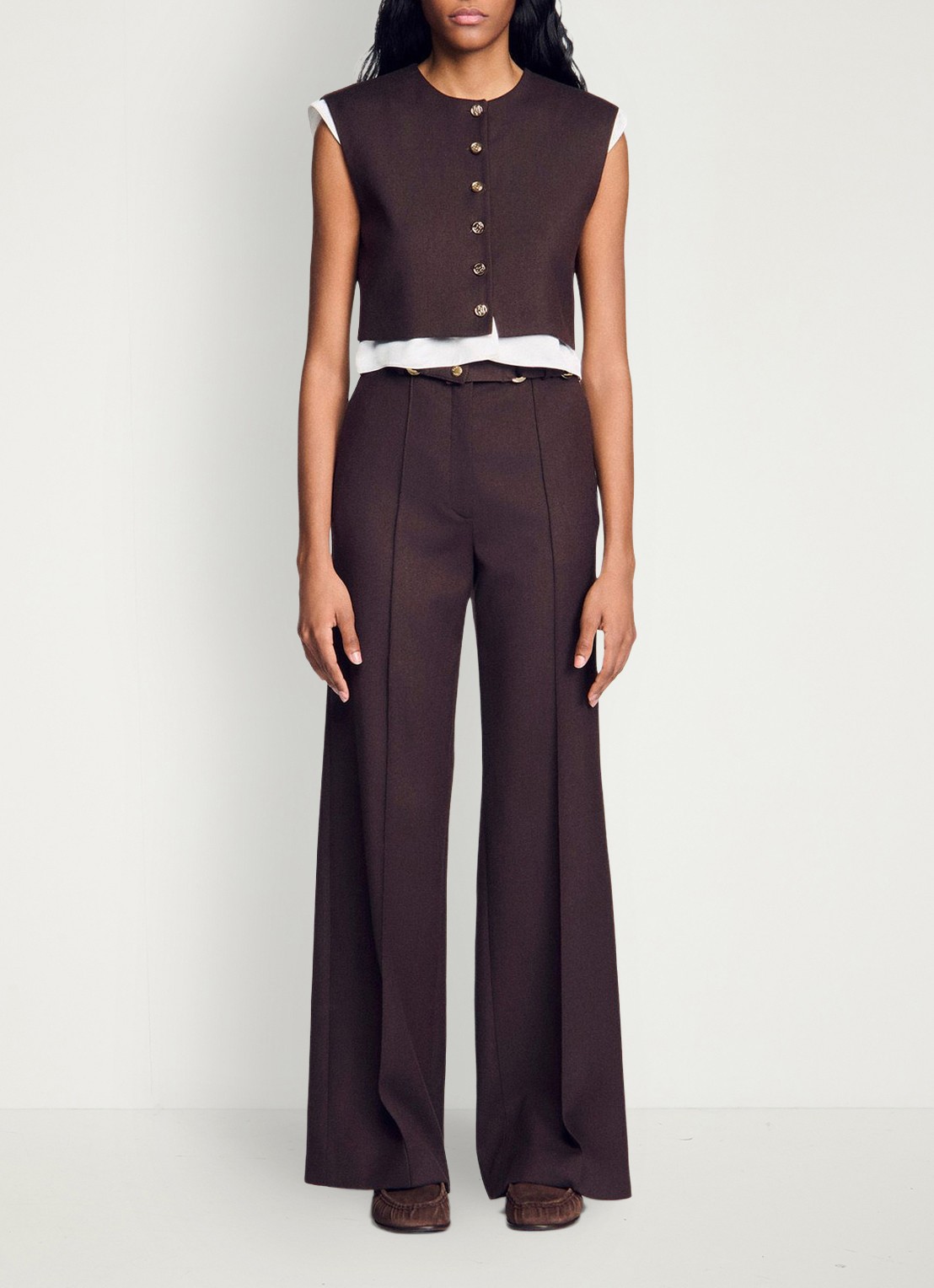 Sandro 2-in-1 crop top in wolblend - voorkant 6 lichtbruin