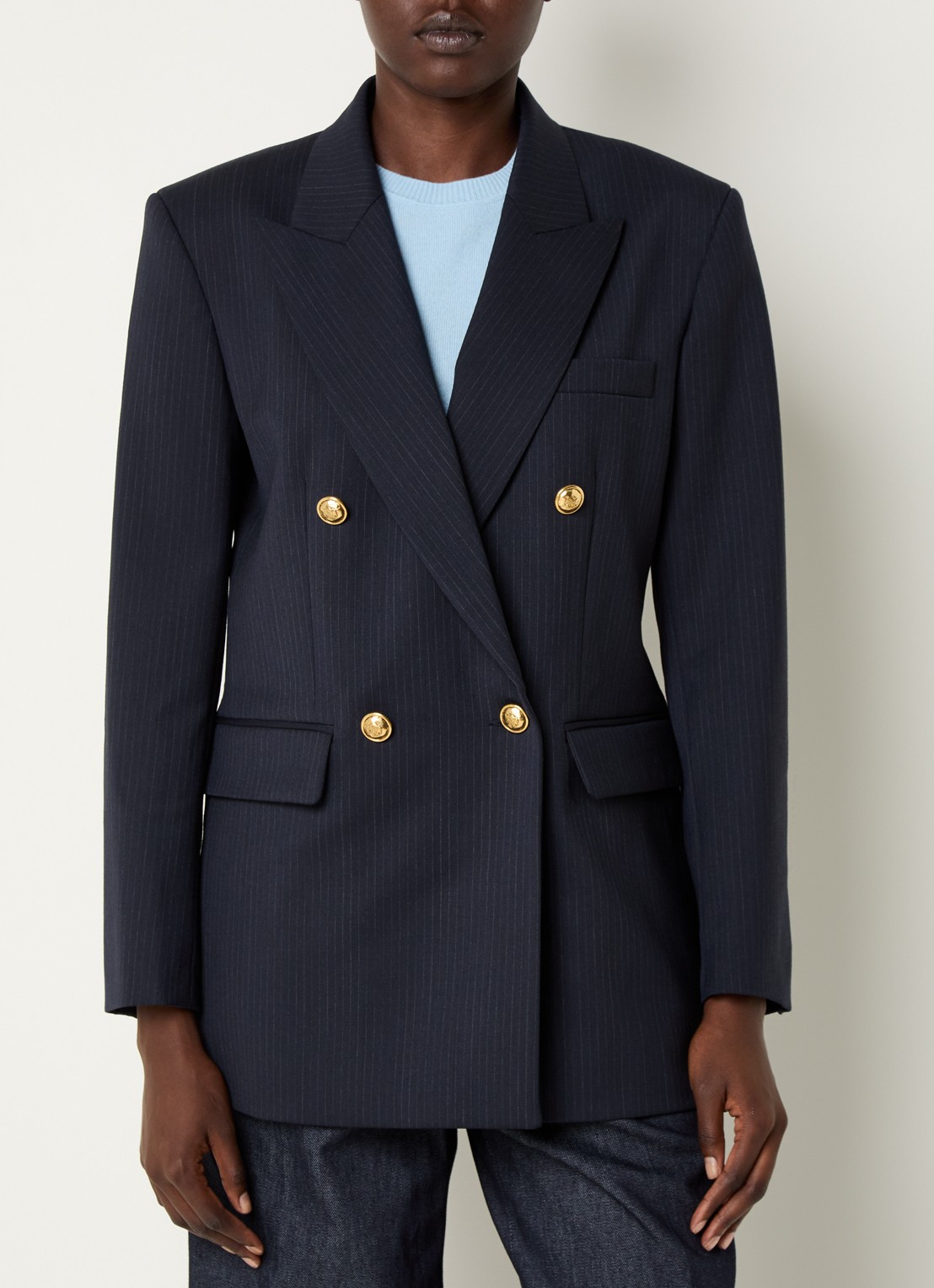 Sandro Blazer in wolblend met schoudervulling en streepprint - detail 3 donkerblauw