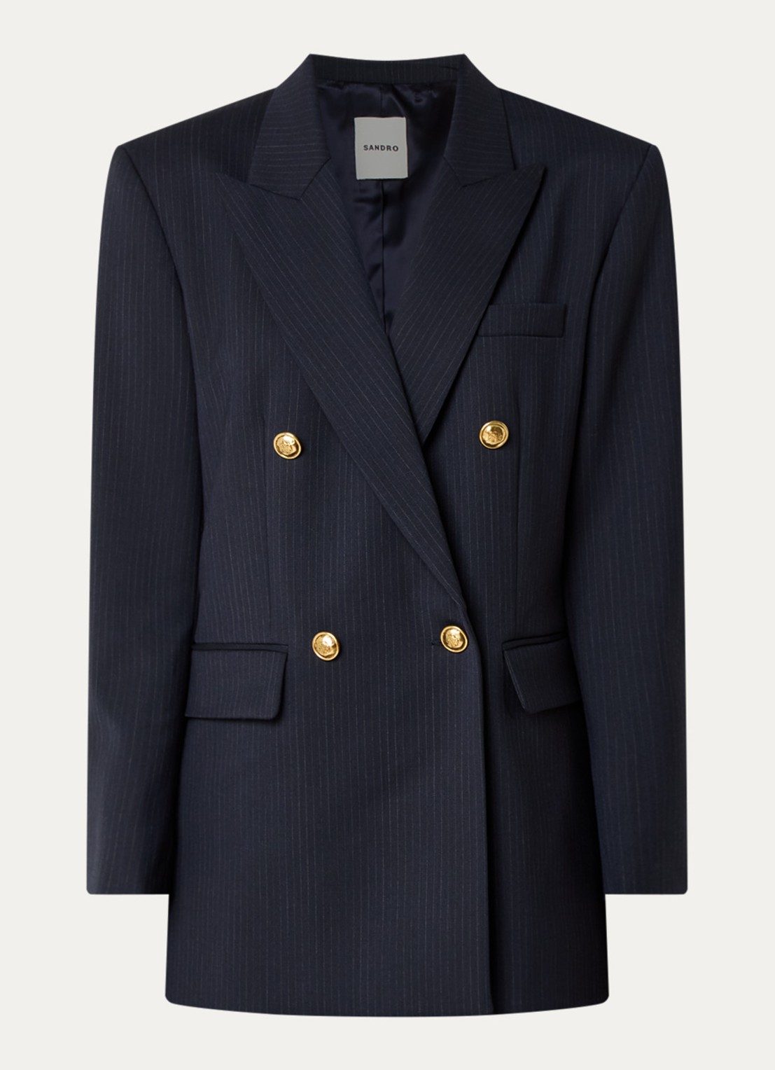 Sandro Blazer in wolblend met schoudervulling en streepprint - voorkant donkerblauw