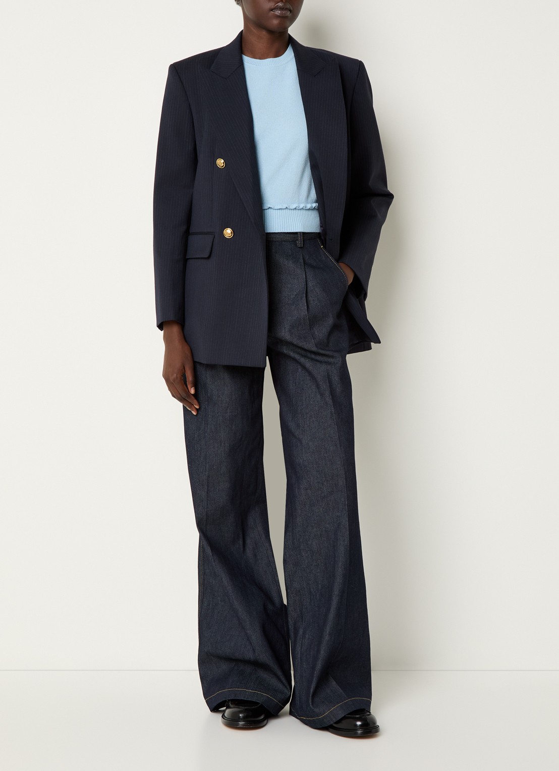 Sandro Blazer in wolblend met schoudervulling en streepprint - voorkant 2 donkerblauw