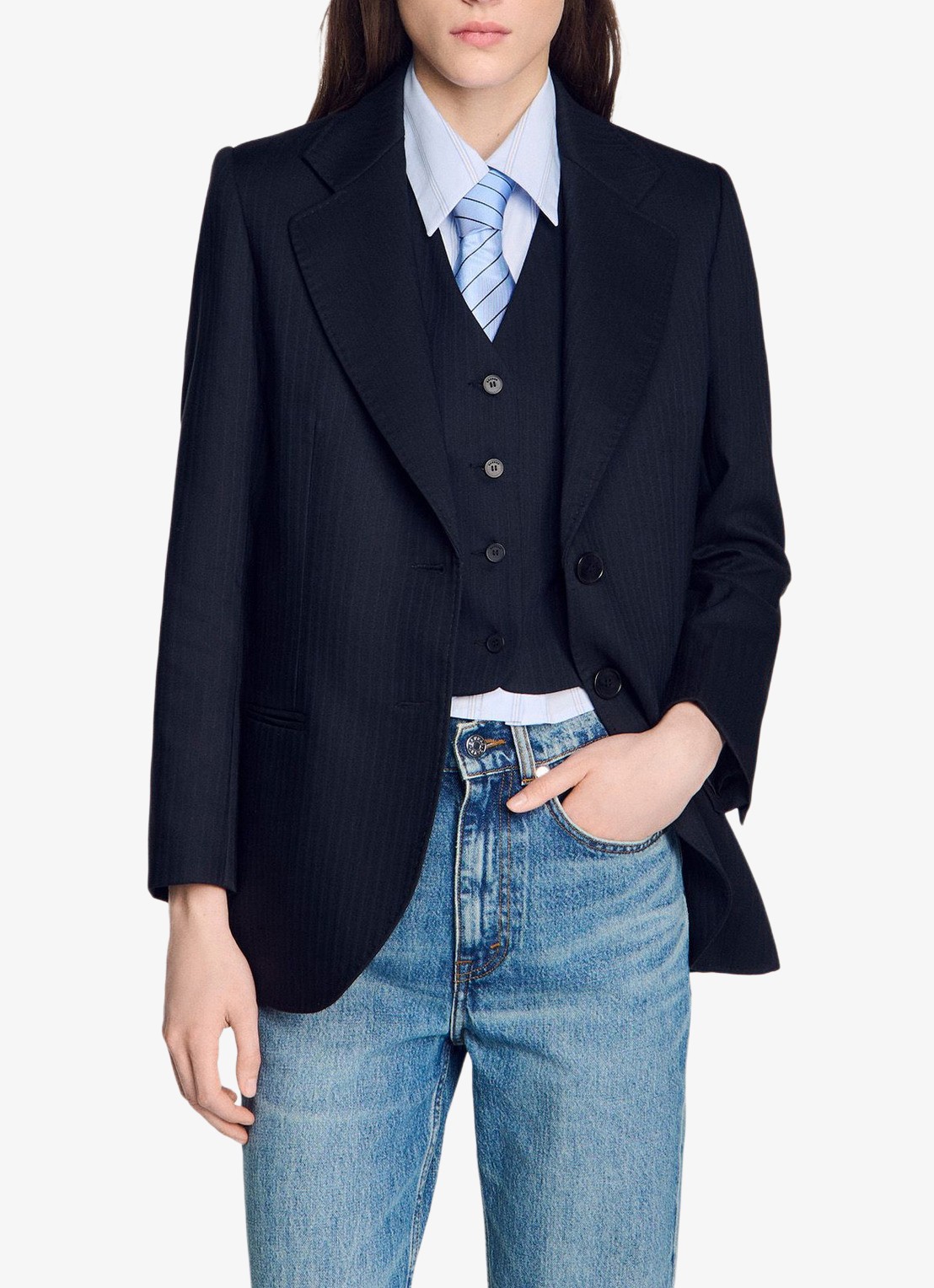 Sandro Blazer van wolblend met krijtstreep - detail 3 donkerblauw
