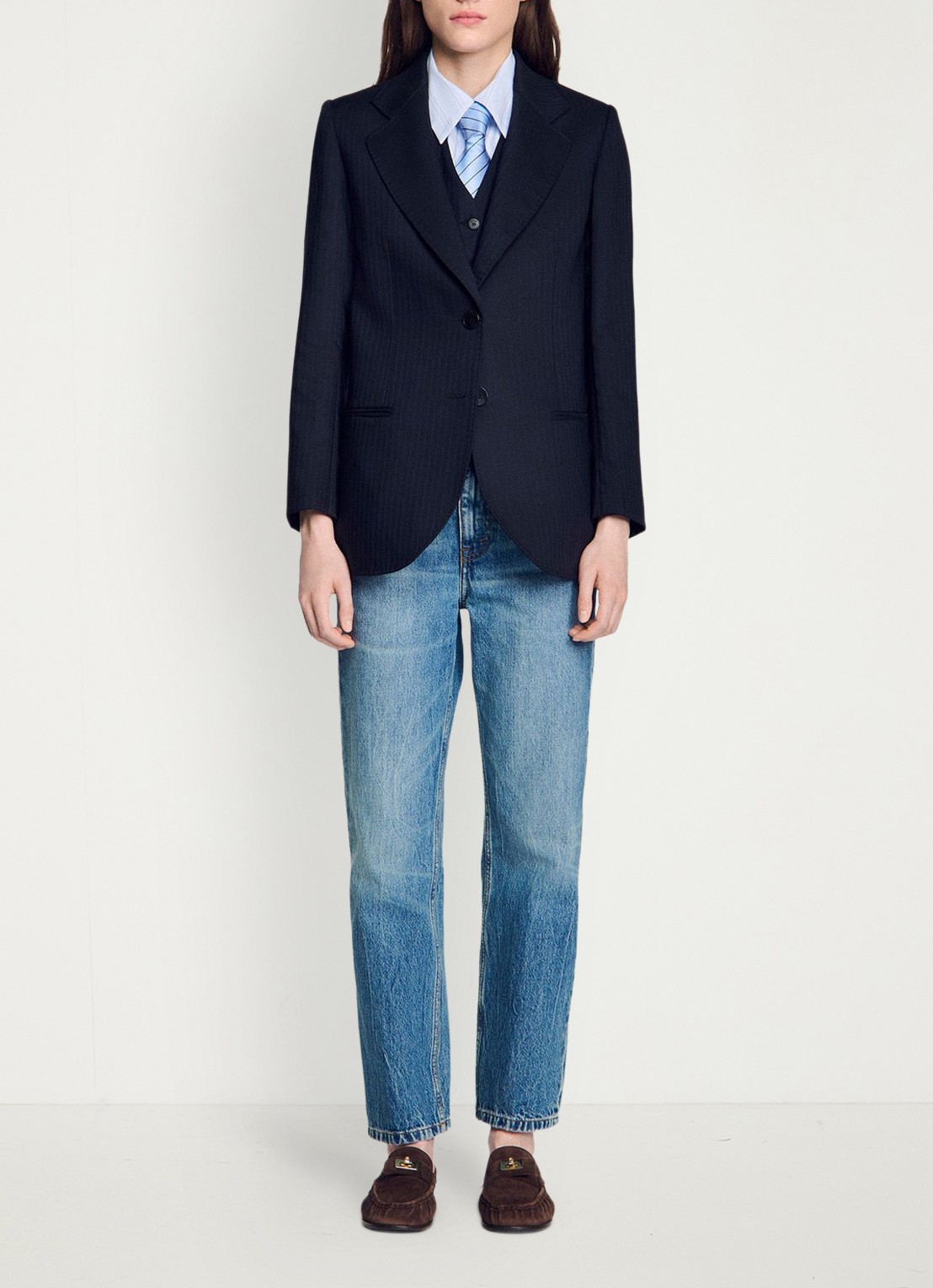 Sandro Blazer van wolblend met krijtstreep - detail 4 donkerblauw