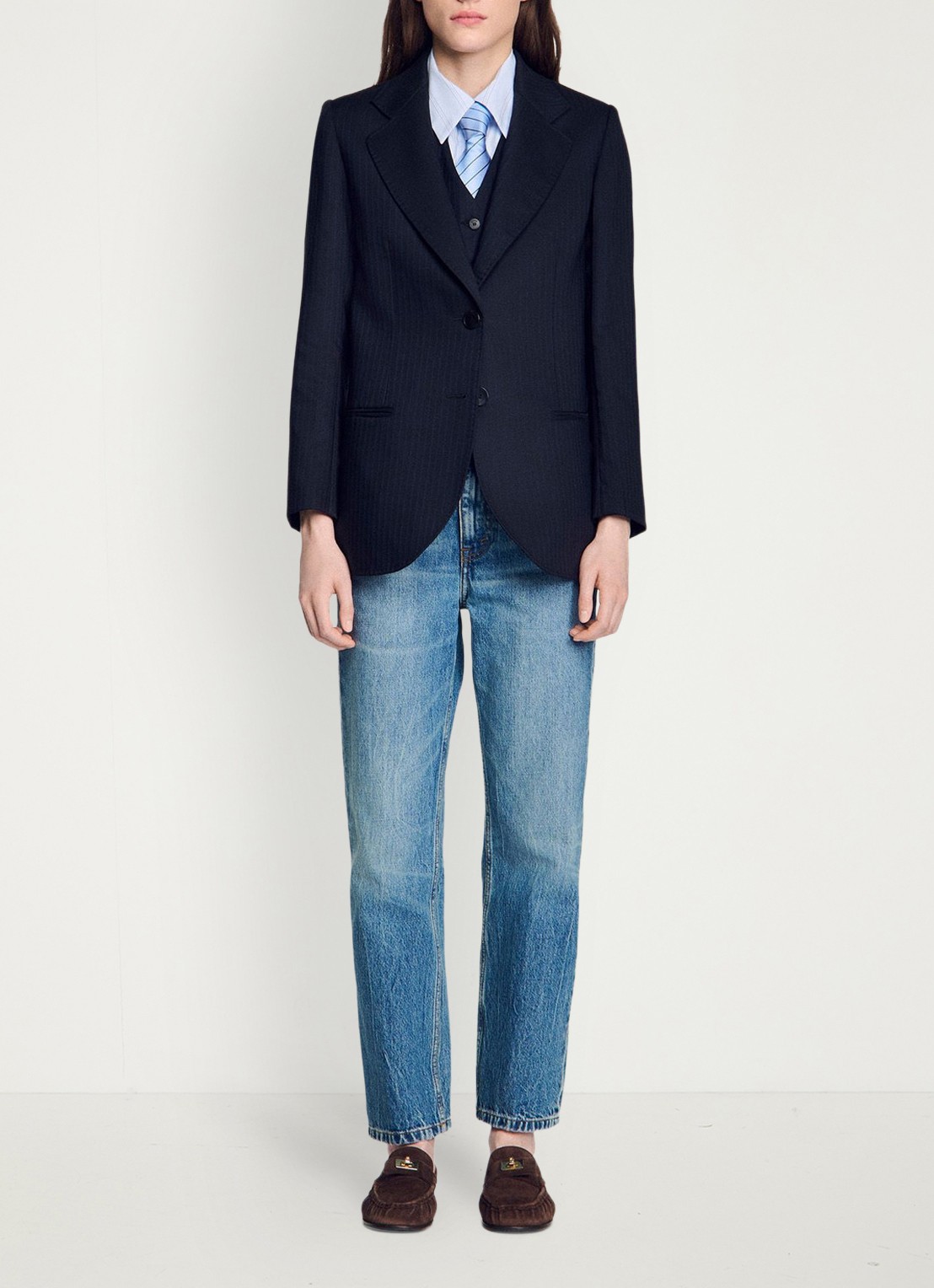 Sandro Blazer van wolblend met krijtstreep - detail 6 donkerblauw