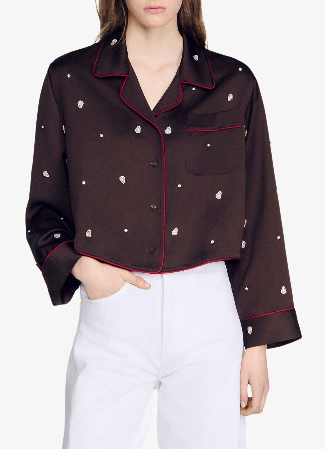 Sandro Blouse in linnenblend met strass - detail 4 bruin
