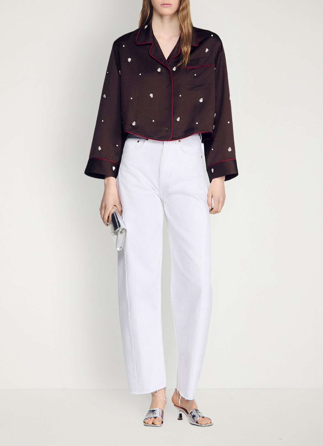 Sandro Blouse in linnenblend met strass - voorkant 3 bruin