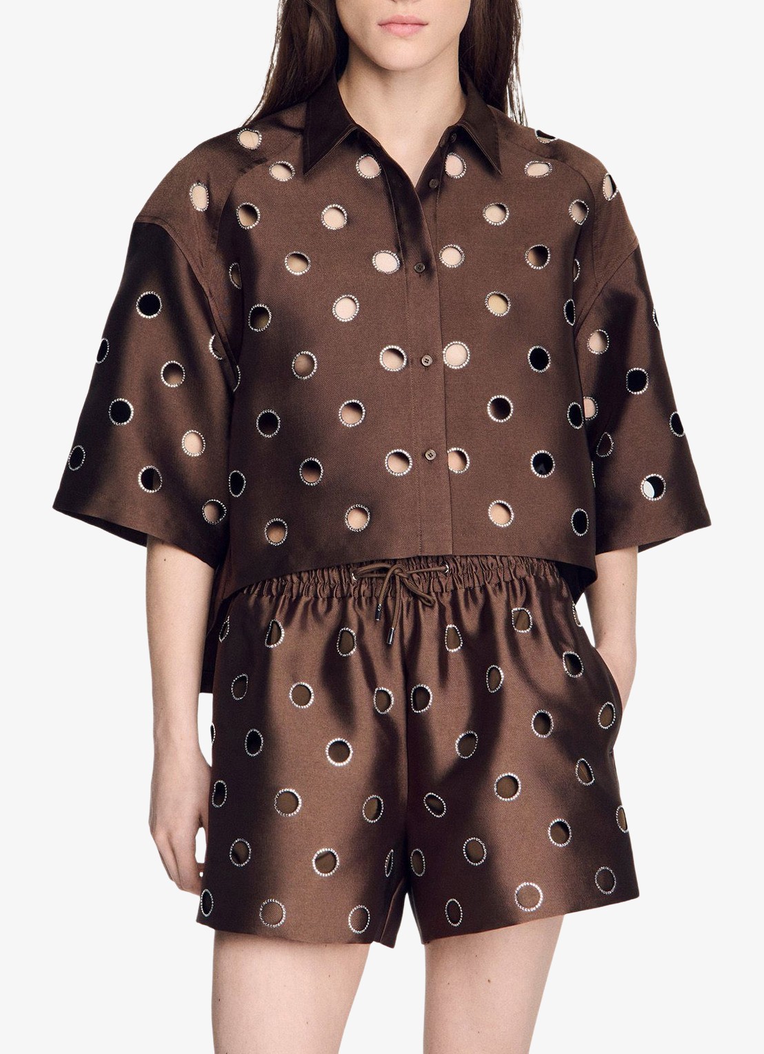 Sandro Blouse met cut-out detail en strass - detail 2 bruin