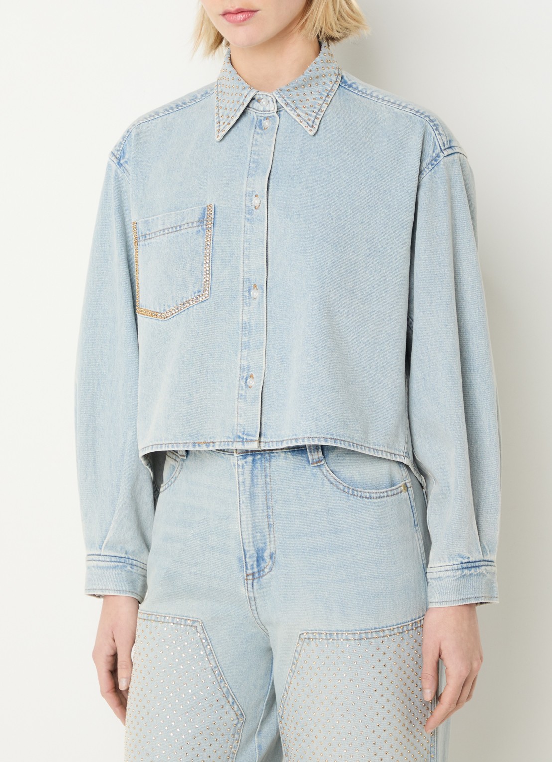 Sandro Blouse van denim met borstzak en strass - detail 3 indigo