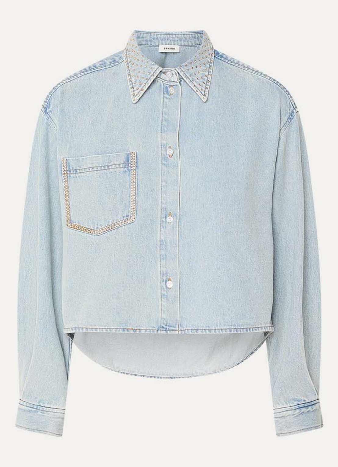 Sandro Blouse van denim met borstzak en strass - voorkant indigo