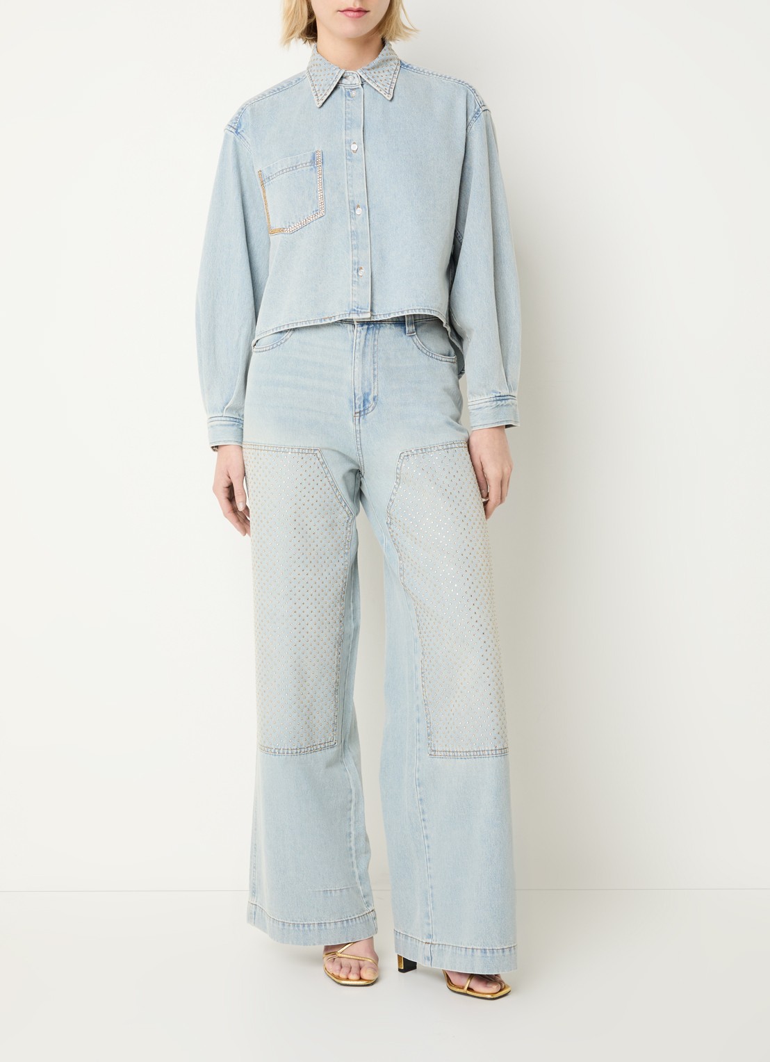 Sandro Blouse van denim met borstzak en strass - voorkant 2 indigo