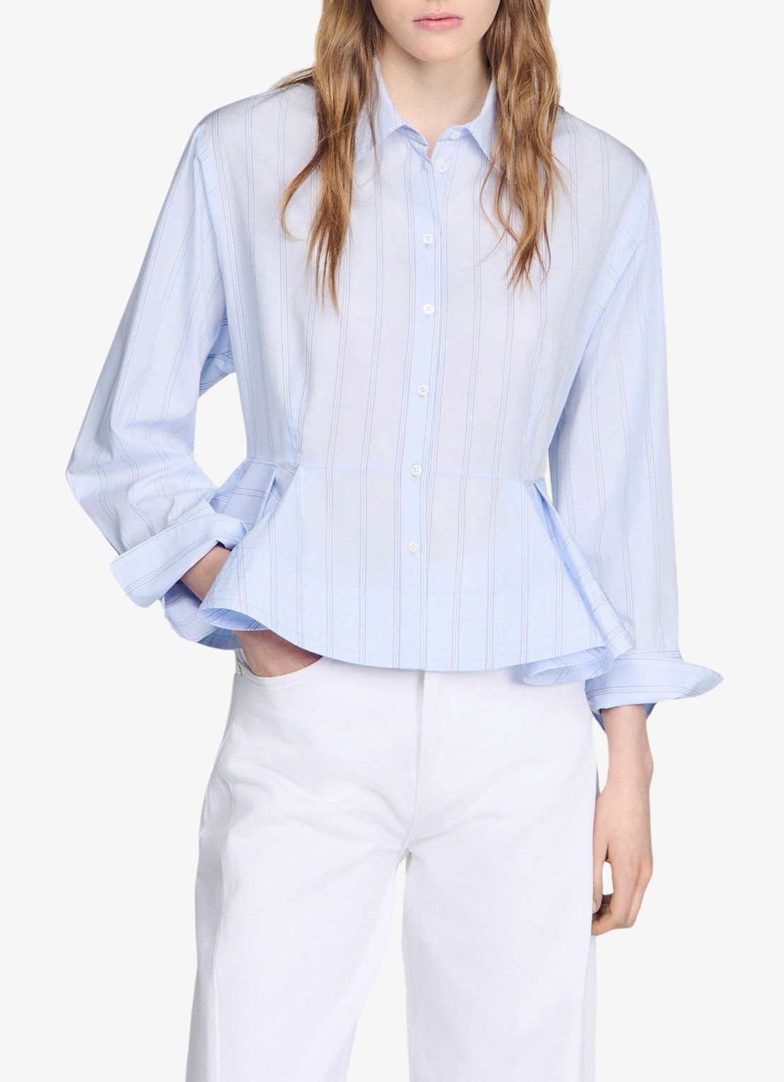 Sandro Blouse van katoen met peplum en strepen - detail 2 sky blue / blauw