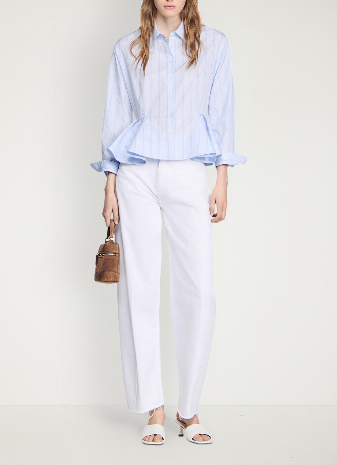 Sandro Blouse van katoen met peplum en strepen - voorkant 7 sky blue / blauw