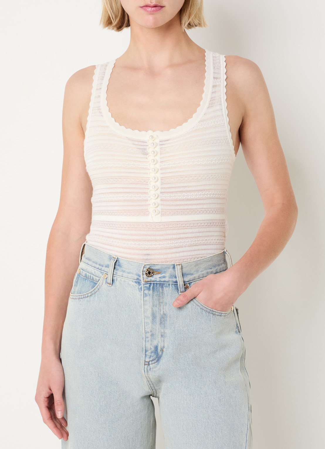 Sandro Body top in wolblend met imitatieparels en ingebreid patroon - detail creme