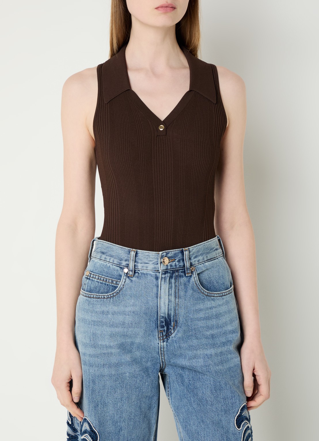 Sandro Body top met ribstructuur - detail 4 donkerbruin