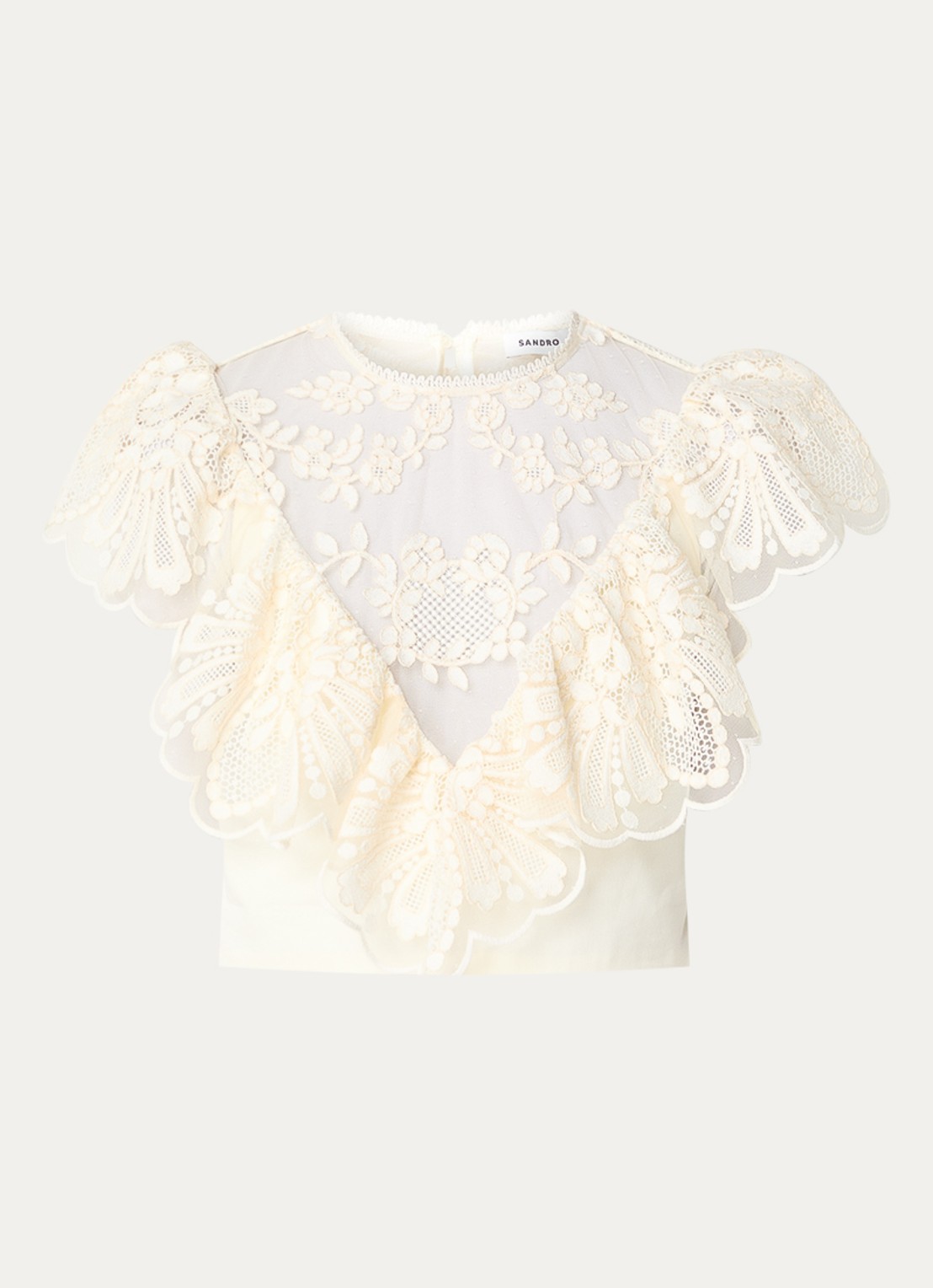 Sandro Crop top met broderie en opstaande kraag - voorkant 2 gebroken wit