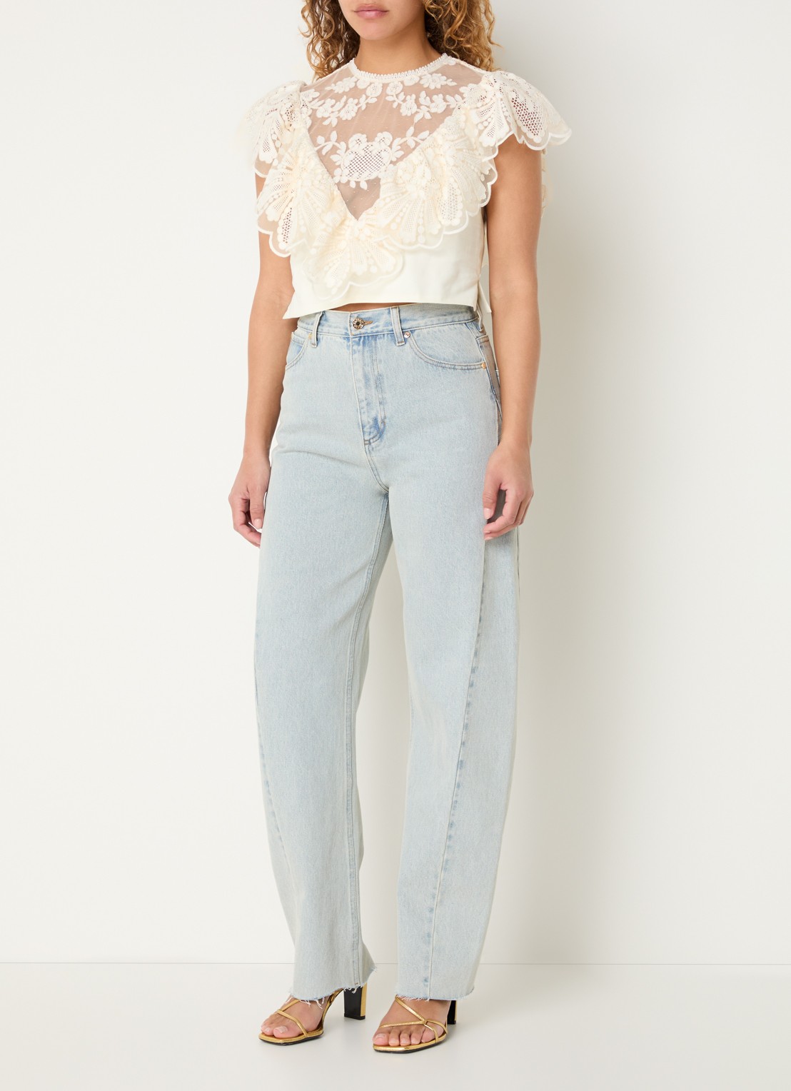 Sandro Crop top met broderie en opstaande kraag - voorkant 3 gebroken wit