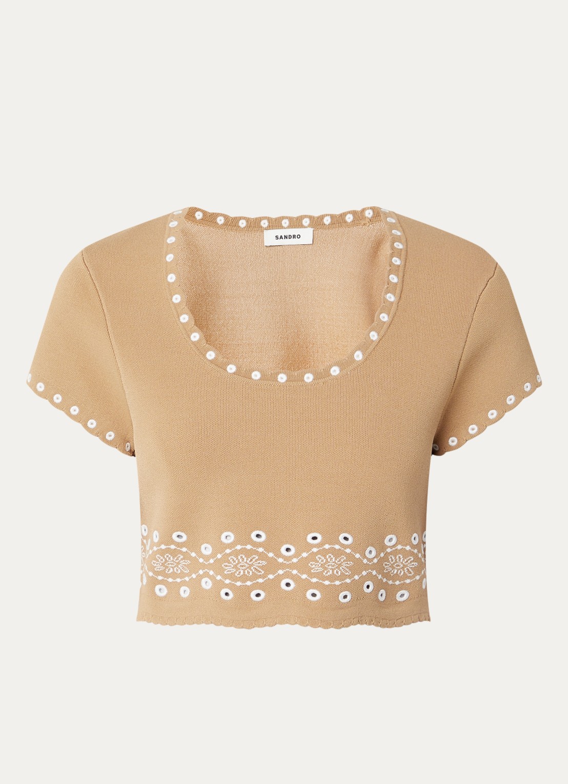 Sandro Crop top met broderie - voorkant beige