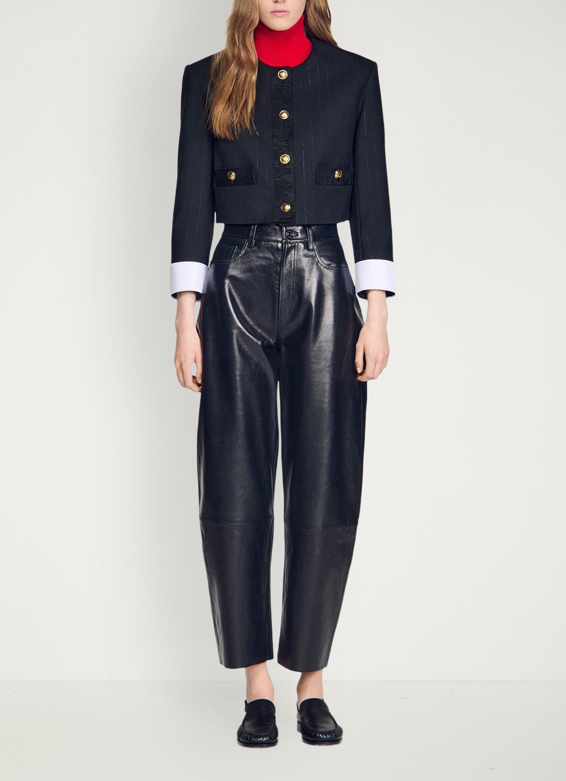Sandro Cropped blazer in wolblend met lurex en krijtstreep - detail 5 zwart