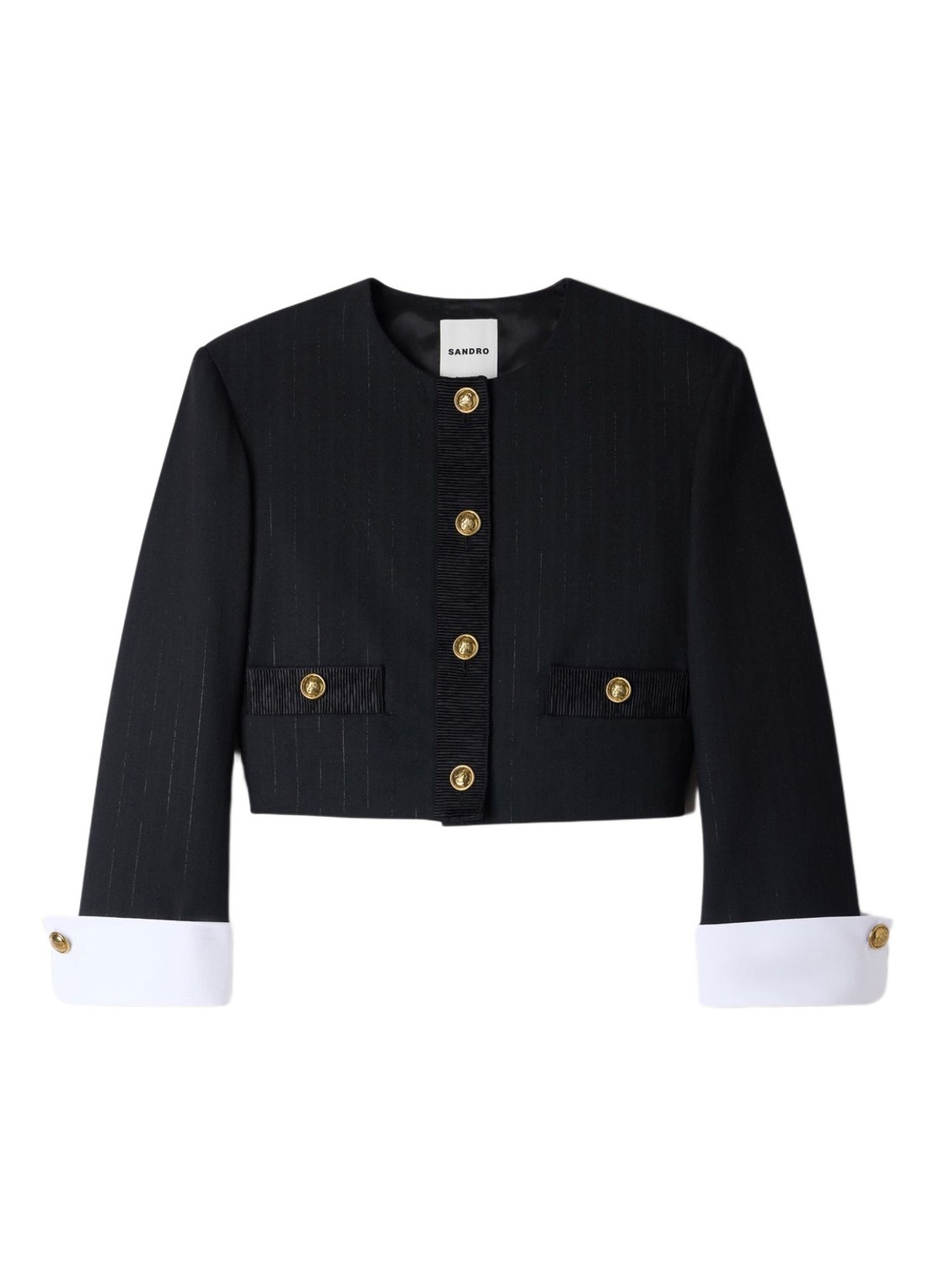 Sandro Cropped blazer in wolblend met lurex en krijtstreep - voorkant zwart