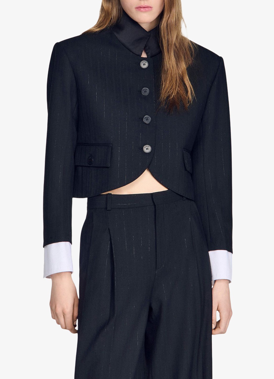 Sandro Cropped blazer in wolblend met lurex en opstaande kraag - detail 4 zwart