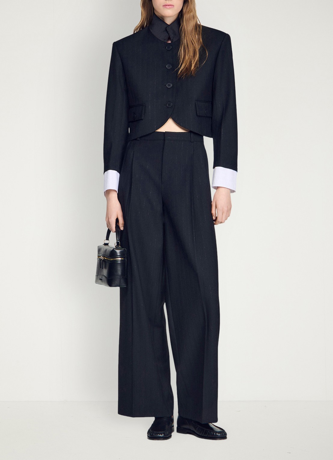 Sandro Cropped blazer in wolblend met lurex en opstaande kraag - voorkant 3 zwart