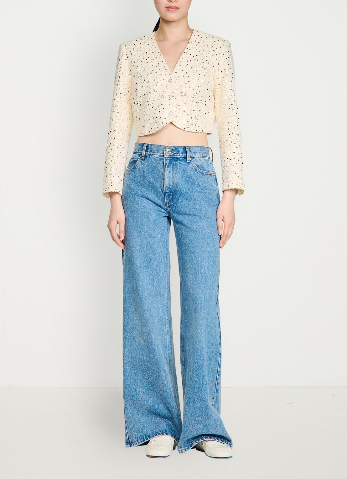 Sandro Cropped blazer met pailletten - detail 4 beige