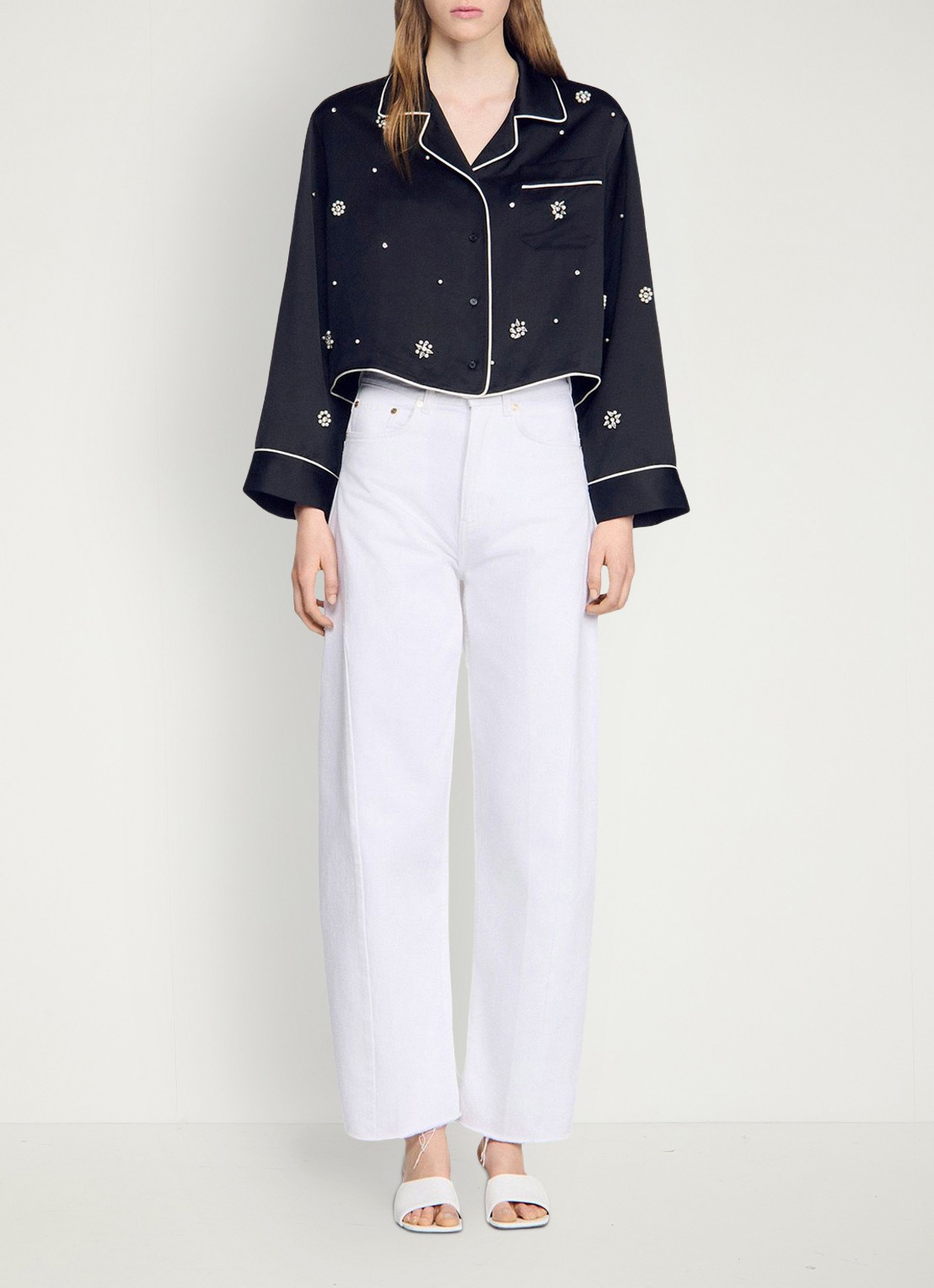 Sandro Cropped blouse met borstzak en stras - detail 3 zwart