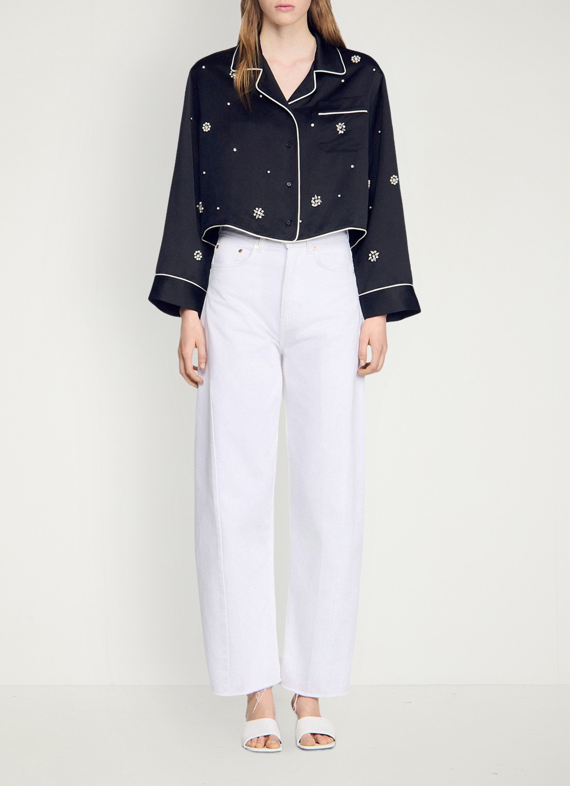 Sandro Cropped blouse met borstzak en stras - detail 5 zwart