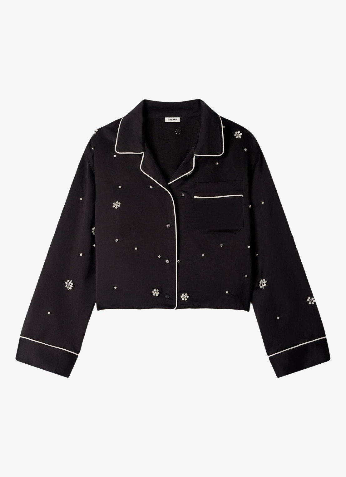 Sandro Cropped blouse met borstzak en stras - voorkant 6 zwart